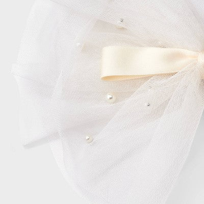 Satin Pearl Tulle Tail Bow Hair Barrette - A New Day Ivory