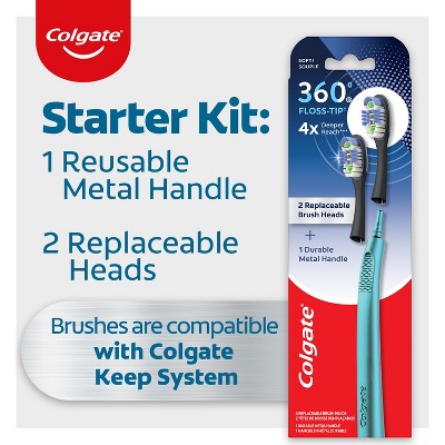 Colgate 360 Floss Tip Toothbrush with Metal Handle and 2 Replaceable Brush Heads - Trial Size - Blue