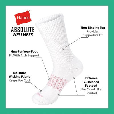 Hanes Women's Absolute Wellness 3pk Non-Binding Crew Socks - Green 5-9: Cotton Blend, Cushioned Sole, Arch Support, Seamless Toe