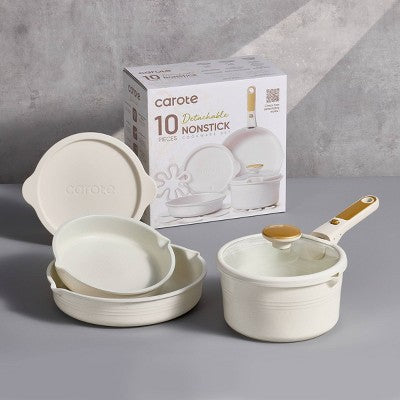 Carote 10pc Nonstick Cookware Set with Detachable Handle White