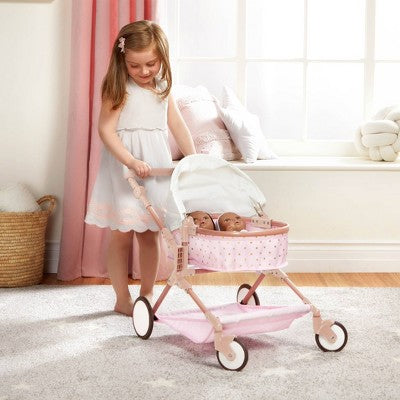 LullaBaby Double Stroller Pink Carriage with Golden Star Print
