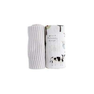 Red Rover Organic Cotton Muslin Swaddle Blanket - Family Farm - 2pk: Animal Prints, 44" x 44"