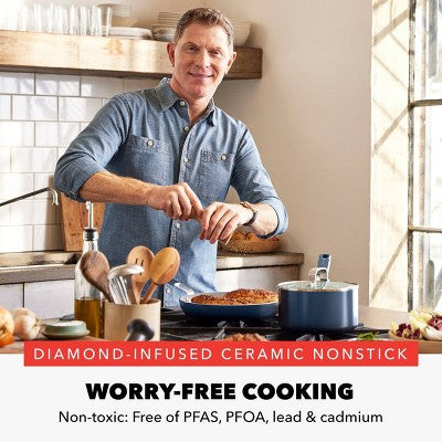 Bobby Flay 2pk (8" and 10") Ceramic Nonstick Aluminum Fry Pan Set Oxford Blue: Lifetime Warranty, Dishwasher-Safe Cookware