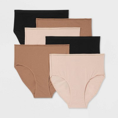 Women's 6pk Cotton Stretch Briefs Underwear - Auden Assorted Neutral 2X: High Rise, Pull-On, Midweight, Knit Jersey, Plus Size