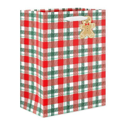13" Large Christmas Gift Bag Green/Red Plaid