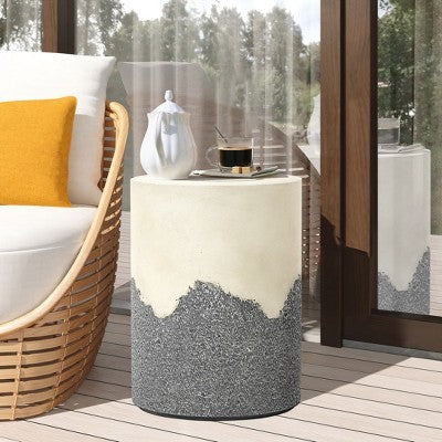 LuxenHome Outdoor Patio Table, 17" Gray and Cream Cement Round Side Table,Modern Garden Decorative Stool,Outdoor Accent End Table (LOCAL PICKUP ONLY)