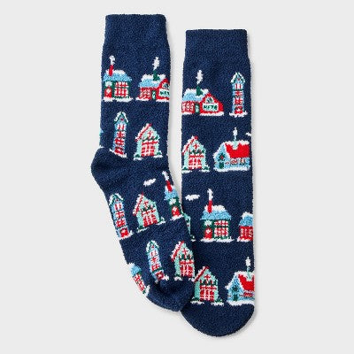 Men's Winter Village Cozy Crew Socks - Wondershop Navy Blue/Red 6-12