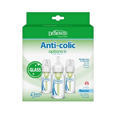 Dr. Brown's Anti-Colic Narrow Glass Options+ Baby Bottles - 4 fl oz/3pk: Level 1 Slow Flow, BPA-Free, Silicone Nipple