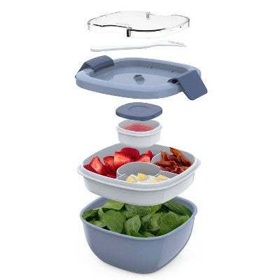 Bentgo Salad Stackable Lunch Container with Large 54oz Bowl, 4-Compartment Tray & Built-In Fork - Slate