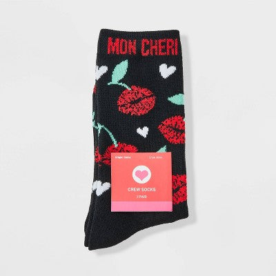 Women's 'Mon Cheri' Cherry Kisses Valentine's Day Crew Socks - Black 4-10