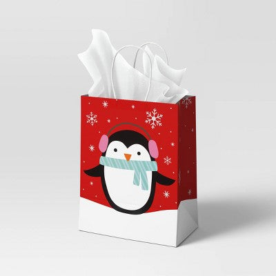 Cub Penguin with Earmuffs and Scarf Paper Handle Christmas Gift Bag Red/Black/White - Wondershop