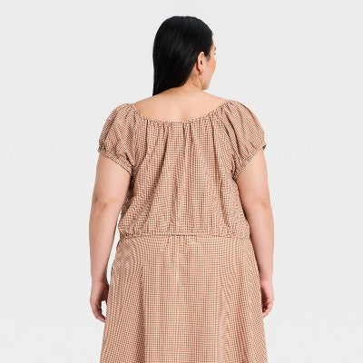 Women's Short Puff Sleeve Tie Top - A New Day Brown Gingham XXL