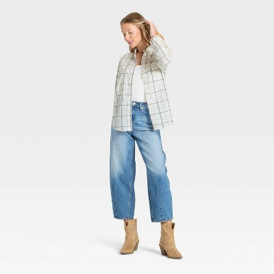 Women's Long Sleeve Collared Button-Down Shirt Cream Plaid L