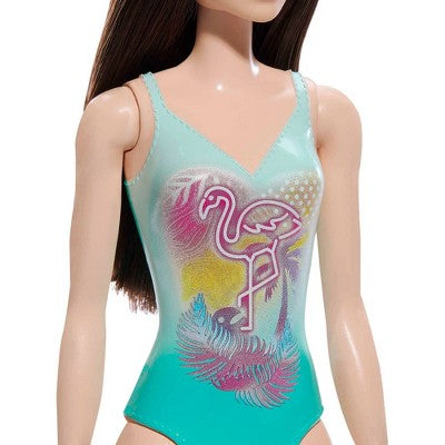 Beach Barbie Doll with Black Hair Wearing Tropical Blue Swimsuit