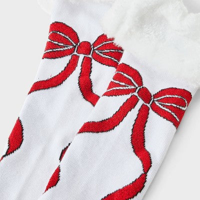 Women's Christmas Bows Knee High Socks with Faux Fur Cuff - Wondershop White/Red 4-10