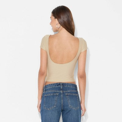 Women's Short Sleeve Boatneck Synthetic T-Shirt - Wild Fable Khaki S