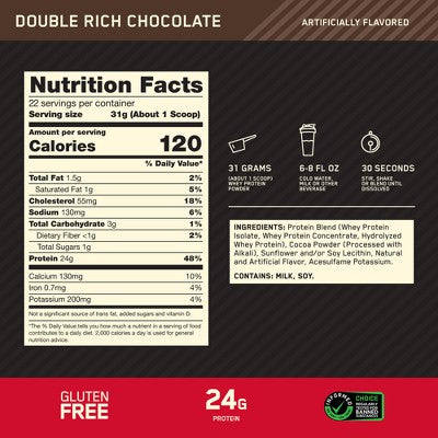 Optimum Nutrition Gold Standard 100% Whey Protein Powder - Double Rich Chocolate - 22 Servings - 23.59oz: High-Quality Whey Isolate, 24g Protein