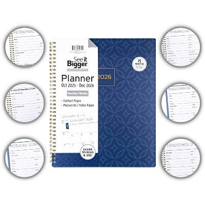 See It Bigger 2025-2026 15 Month Monthly/Weekly 9"x11" Planner Large