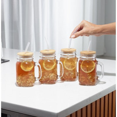 4PC Glass Jars with Bamboo Lids and Straw, 16oz Mason Jar Drinking Glasses – Reusable Tumbler Set for Cold Beverages