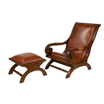 Traditional Teak Wood Accent Chair with Arms and Ottoman Brown - Olivia & May: Leather Upholstered, No Assembly Required (LOCAL PICKUP ONLY)