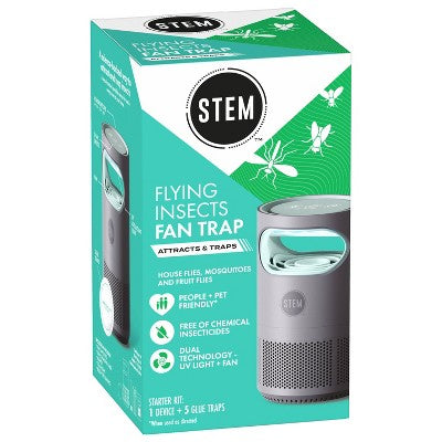 STEM Electric Fan Fruit Fly, Gnat & Fly Trap Starter Kit - 1 Unit + 5 Glue Traps: Non-Toxic, Safe for Kids & Pets, Electric Powered