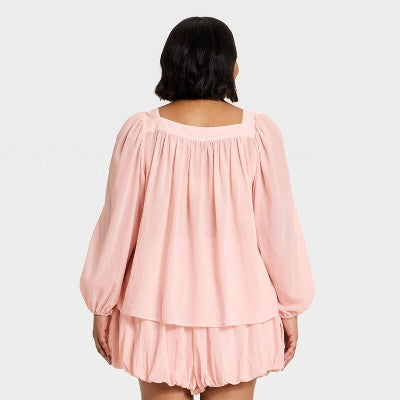 Women's Long Sleeve Square Neck Sheer Blouse A New Day Pink XXXX