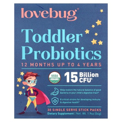 LoveBug Probiotics Toddler Probiotics, 12 Months Up To 4 Years, 15 Billion CFU, 30 Single Serve Stick Packs, 0.06 oz (1.8 g) Each