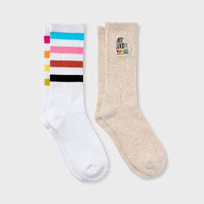 Pride Adult Out Loud & Proud and Rainbow Crew Socks 2pk - Oatmeal Striped M/L