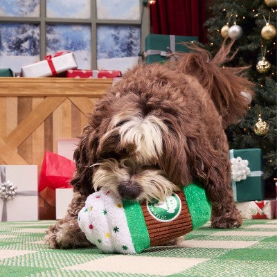 BARK Holiday Santa's Workchomp Jitter All the Way Latte Dog Plush Toy