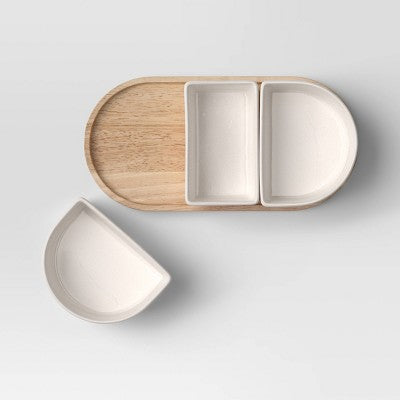 4pc Ceramic Sectioned Serving Bowl Set - Threshold: Set of Dip Bowls, Serveware, Rubberwood Tray, Hand Wash