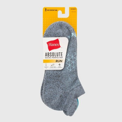 Hanes Women's Absolute Run 3pk No Show Tab Socks - Blue 5-9: Arch Support, Cushioned Sole, Seamless Toe