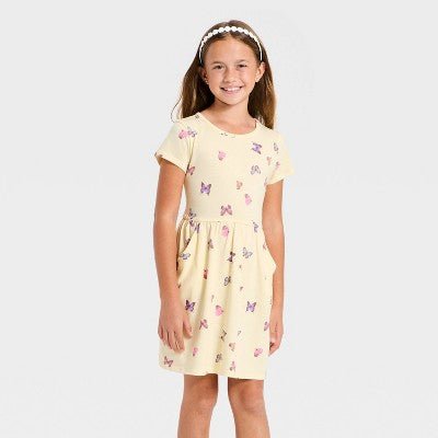 Girls' Short Sleeve Butterfly Knit Dress - Cat & Jack Pale Yellow XL
