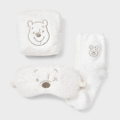 Women's Winnie The Pooh Embroidered Faux Fur 3pk Cozy Gift Set with Reusable Pouch, Cozy Socks and Eye Mask - Ivory/Gold 4-10