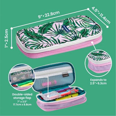 Expandable Pencil Pouch Pink with Green Palms- It's Academic: LockerMate Zipper Case for Girls, Polyester, 9.25"x4.5"