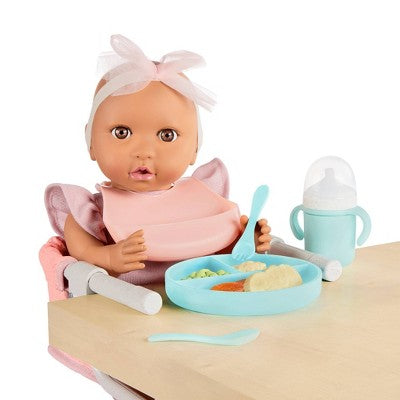 LullaBaby Doll Clip-On Table Seat and Accessories Set: Fits 14" Doll, Includes Play Food, Baby Theme, 12 Pieces