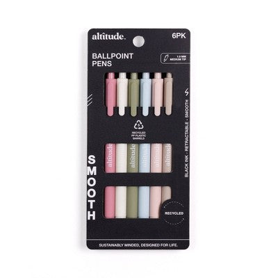 Altitude 6pk Retractable Ballpoint Pens 1.0mm Black Ink Eucalyptus