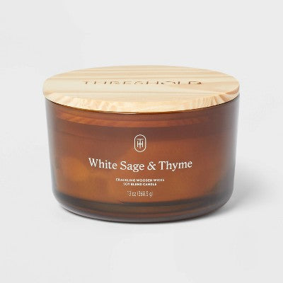 3-Wick Amber Glass Wooden Wick White Sage and Thyme Jar Candle 13oz - Threshold