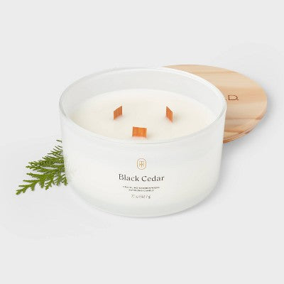 3-Wick Milky Glass Wooden Wick Black Cedar Jar Candle 20oz - Threshold