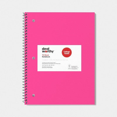 College Rule 1 Subject 7.5"x10.5" Spiral Notebook Pink - Dealworthy