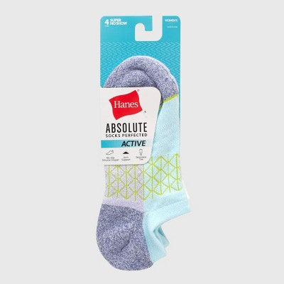 Hanes Women's Absolute Active 4pk Super No Show Socks - Gray/Green 5-9: Cushioned, Arch Support, Seamless Toe