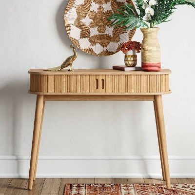 Adelpha Console Table with Sliding Doors Natural - Threshold: Rubberwood Frame, Ash Veneer, Entryway Storage (LOCAL PICKUP ONLY)