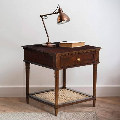 Storied Home Maxwelton Solid Wood End Accent Table Dark Chestnut/Natural: Traditional Style, Cane Shelf, Hidden Compartment (LOCAL PICKUP ONLY)