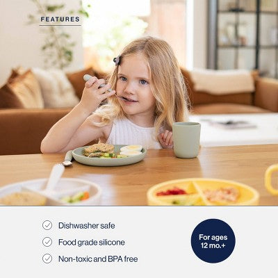 Lalo 3pc Silicone Toddler Plate + Utensils Mealtime Set - Sage: Non-Toxic, BPA-Free, Reusable