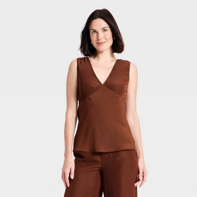 Women's Satin V-Neck Tank Top - A New Day Brown XS