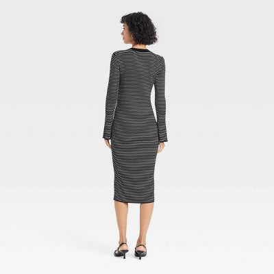 Women's Bell Long Sleeve Midi Sweater Dress - A New Day Black Striped S: Heavyweight Viscose Nylon, Ribbed Cuff, V Neck