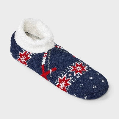 Women's Fair Isle Skis Double Lined Cozy Booties with Grippers - Auden Navy/Ivory 4-10