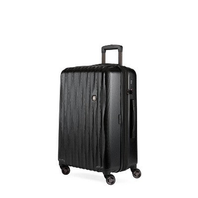 SWISSGEAR Energie Hardside Medium Checked Spinner Suitcase - Black: Aluminum Handle, Tear-Resistant, Polycarbonate Shell