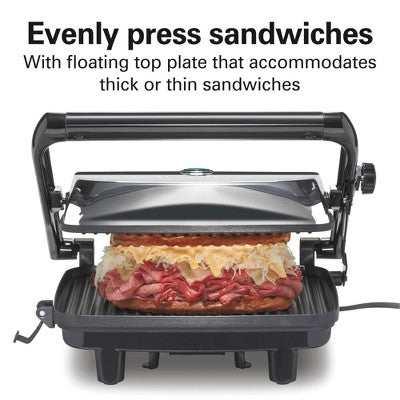 Hamilton Beach Panini 25460Z: Nonstick Grill & Sandwich Maker, 1400W, Silver, Hand Wash, Metal, 1-Year Warranty