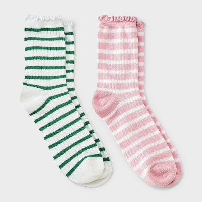 Women's 2pk Comfortwear Rib Texture Demi Crew Socks - Auden - White/Pink