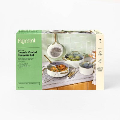 7pc Nonstick Ceramic Coated Aluminum Cookware Set with Champagne Handles Cream - Figmint (LOCAL PICKUP ONLY)